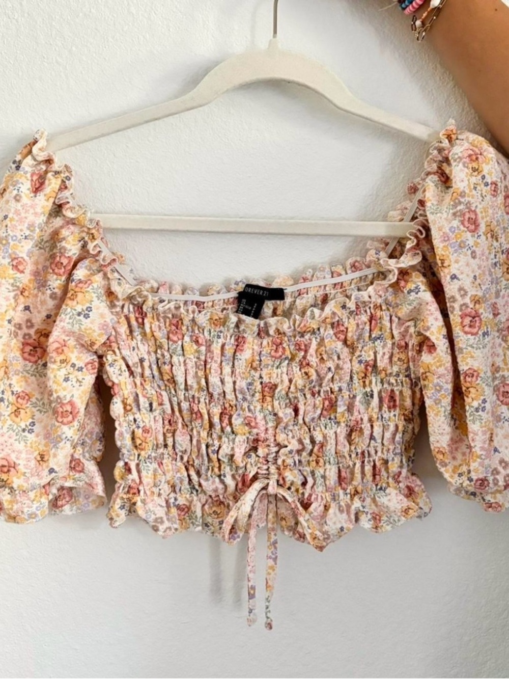 Forever 21 Cream and Pink Floral Smocked Crop Top with Puff Sleeves